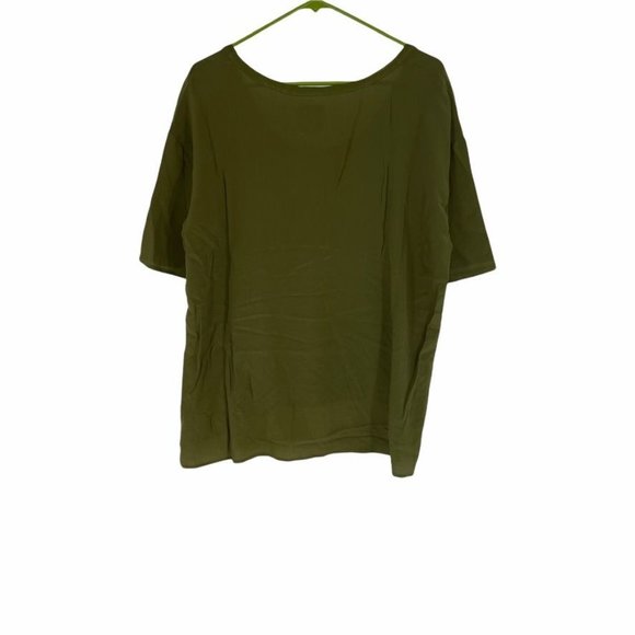 Chaser Olive Green Silk Short Sleeve Top w/Ribbed Collar Size SM - A88 - Picture 2 of 5